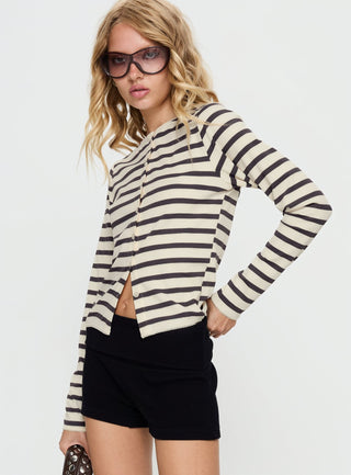 Marvella Button Up Long sleeve Top Dark Grey  Cream Stripe