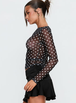 Rosenda Mesh Long Sleeve Top Black  White Polka