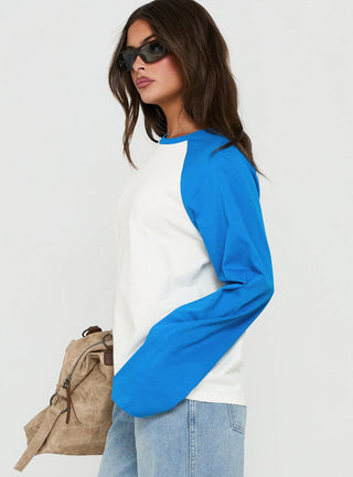 Settle Down Long Sleeve Raglan Top Blue / White