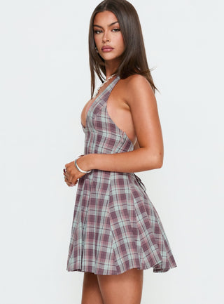 Out Of Nowhere Halter Mini Dress Burgundy  Pink Check