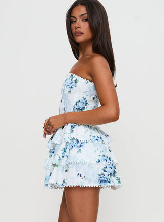 Sunkiss Frill Mini Dress White  Blue
