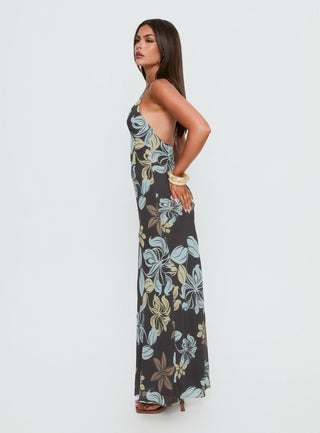 Esmira Halter Maxi Dress Chocolate  Blue Floral