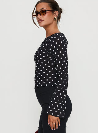 Lady Lady Long Sleeve Backless Top Black  White Polka