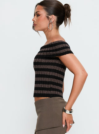 Murmur Off Shoulder Top Brown  Black Stripe