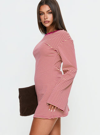 Lulolah Long Sleeve Mini Dress Lemon  Burgundy Stripe
