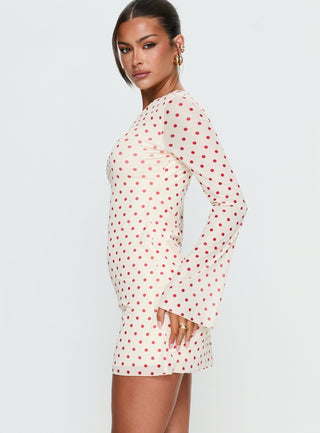 Nyxia Long Sleeve Mini Dress Cream  Red Polka