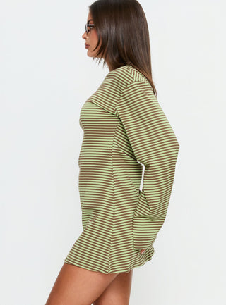 Lulolah Long Sleeve Mini Dress Green  Chocolate Stripe