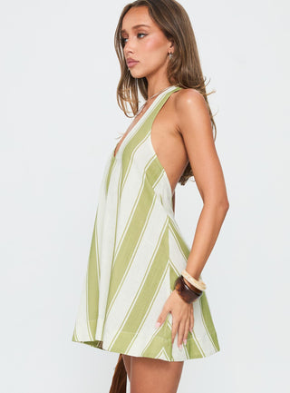 Khaia Halter Mini Dress Green  Cream Stripe