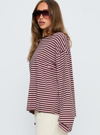 Settle Down Long Sleeve Top Pink  Brown Stripe
