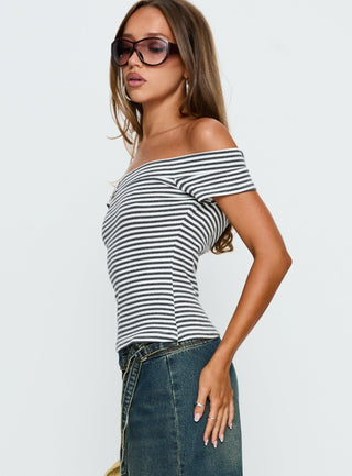Kiela Off Shoulder Hardware Detail Top Grey  White Stripe