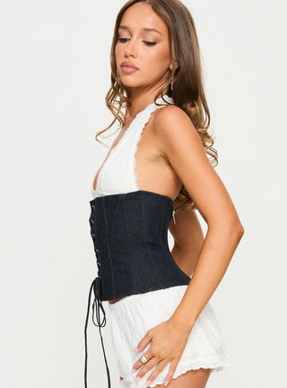 Dreamfields Lace Up Corset Top Dark Denim  White