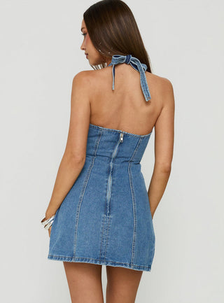 Say Goodnight Denim Halter Mini Dress Bright Blue Wash