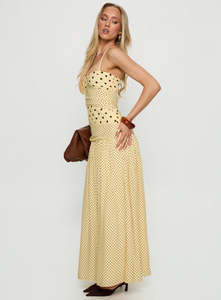 Marguerite Halter Maxi Dress Lemon  Brown Polka Dot