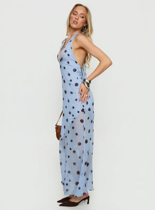 Oralee Halter Sheer Maxi Dress Blue  Polka Dot