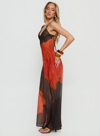 Carita Sheer Chiffon Maxi Dress Brown  Orange Floral