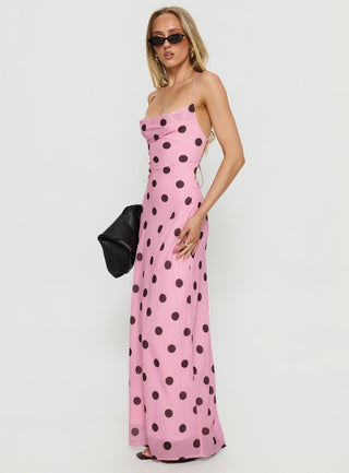 Celena Maxi Dress Pink  Brown Polka Dot