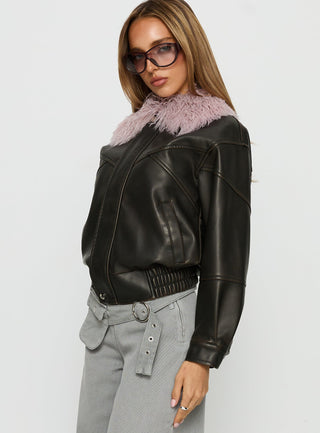 Brittanni Fluffy Collar Jacket Brown  Pink