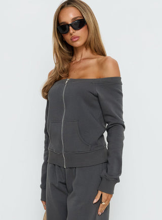Airazo Off Shoulder Zip Through Sweatshirt Grey