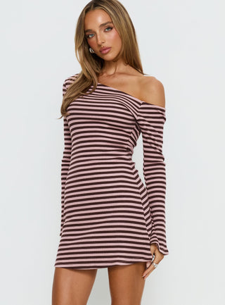 Adrietta Long Sleeve Off Shoulder Mini Dress Chocolate  Pink Stripe