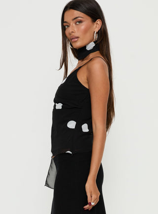 Jenae Scarf Detail Cami Top Black  White Polka