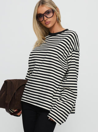 Settle Down Long Sleeve Top Black  White Stripe