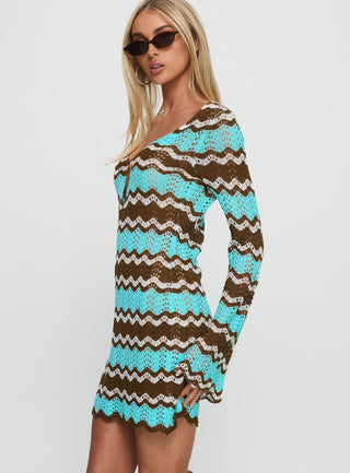 Suka Long Sleeve Knit Mini Dress Brown  Blue
