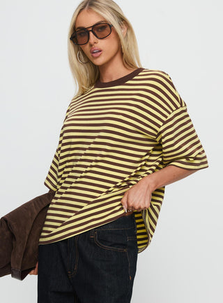 Settle Down Short Sleeve Top Yellow  Brown Stripe