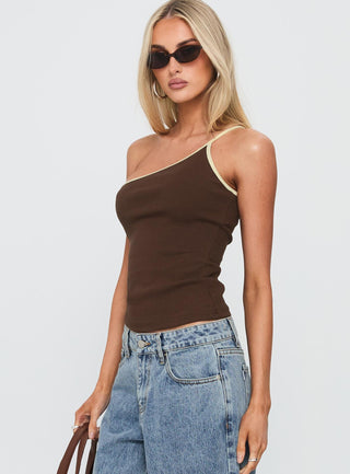 Hold It Down One Shoulder Contrast Top Chocolate  Yellow