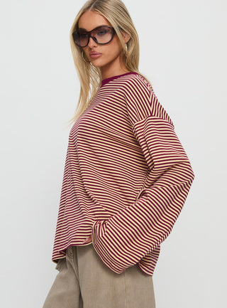 Settle Down Long Sleeve Top Lemon  Burgundy Stripe