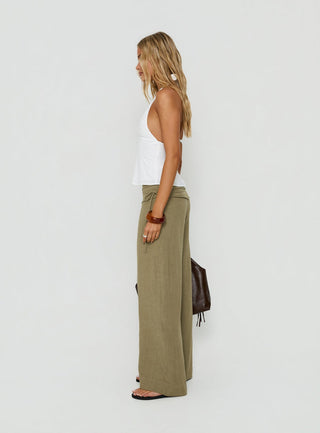 Silver Moon Linen Blend Tie Pants Olive Green
