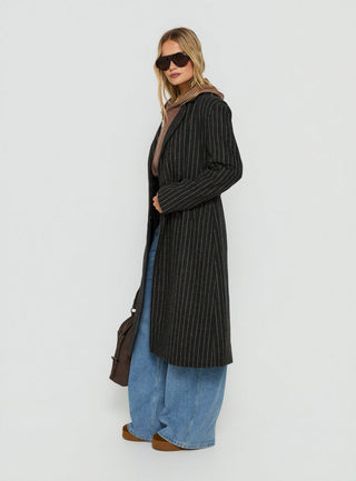 Olimpea Longline Trench Coat Black Pinstripe