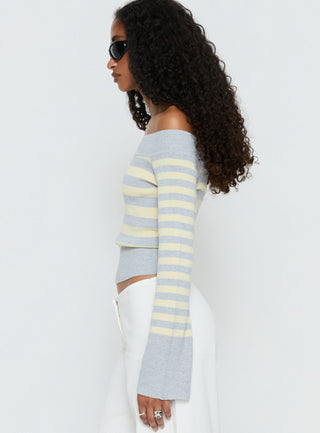 Perrey Long Sleeve Off Shoulder Top Knit Yellow  Grey Stripe