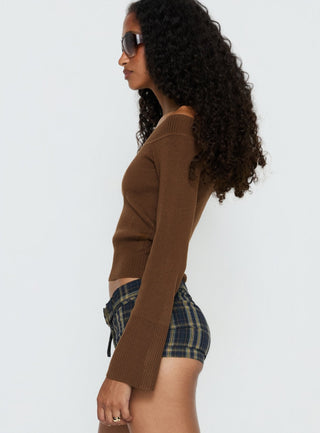Perrey Long Sleeve Off Shoulder Knit Top Brown