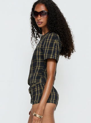 Femme Blouse Top Navy  Lemon Plaid