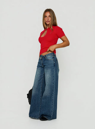 Celinia Mid Rise Asymmetrical Baggy Jeans Dark Indigo