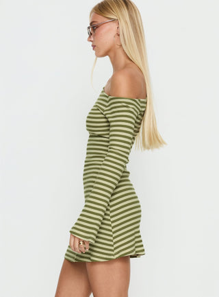 Adrietta Long Sleeve Off Shoulder Mini Dress Cream  Matcha Stripe
