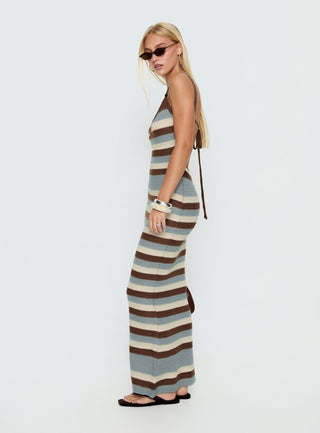 Leylana Scoop Knitted Maxi Dress Blue  Brown Stripe