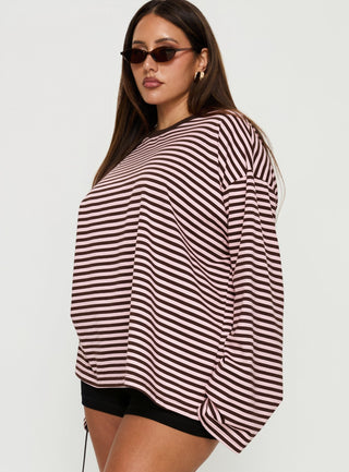 Settle Down Long Sleeve Top Pink  Brown Stripe Curve