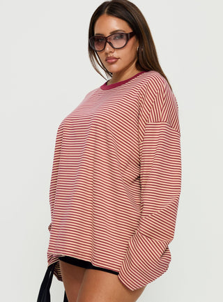 Settle Down Long Sleeve Top Lemon  Burgundy Stripe Curve
