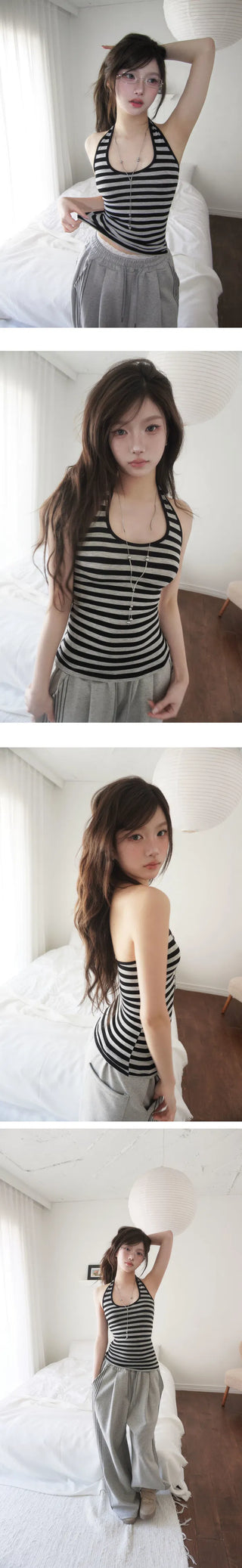 Collared/Neck Cover Striped Halter Sleeveless - 3 colors