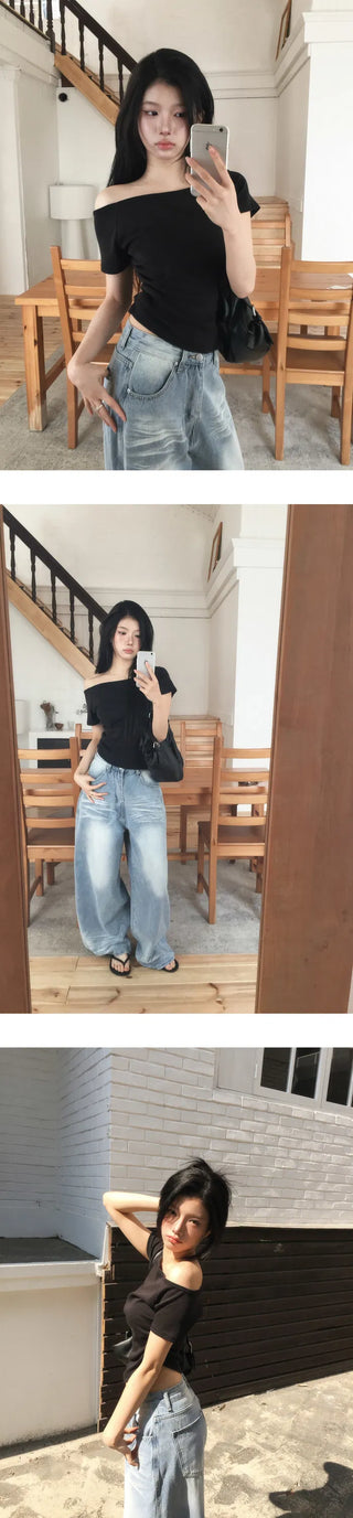 Bio Faded MOMU BASIC shirring short-sleeved off-the-shoulder T-shirt - 3 colors