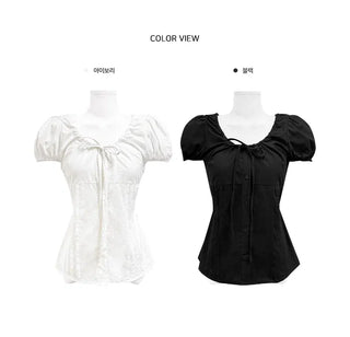 Picnic Ribbon Round Puff Pintuck Blouse - 2 Colors