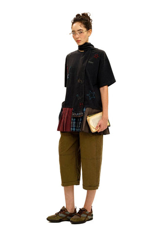 [Moromoro2] Star Patchwork Pleated Check  T-Shirt