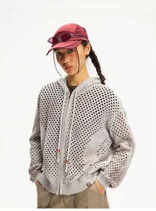 [Monterest] Spiral Mesh Washed Hooded Knit Cardigan