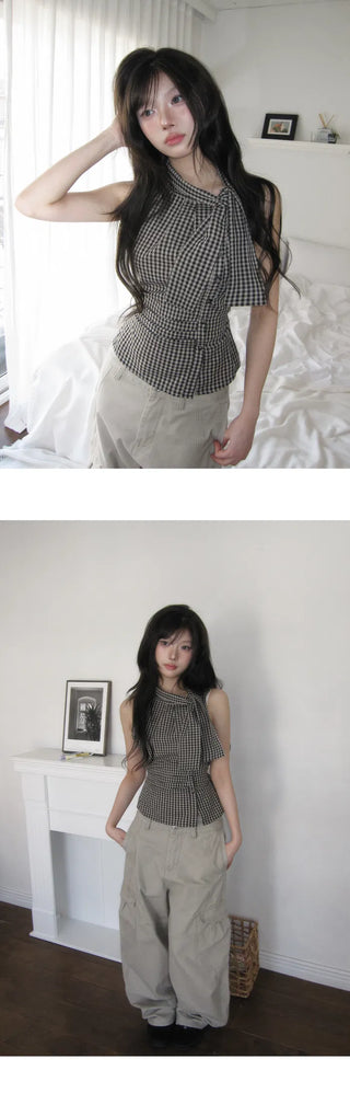 High Ribbon Check Shirred Blouse