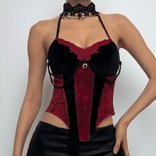 Contrast lace hem halter backless velvet corset top | victorian gothic dresses