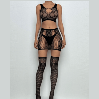U neck fishnet hollow out tank mini skirt set