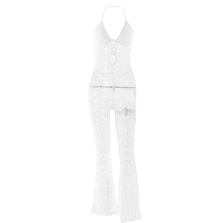 Halter lace lace up see through jumpsuit