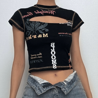 Contrast print short sleeve stitch hollow out crewneck crop cut out top