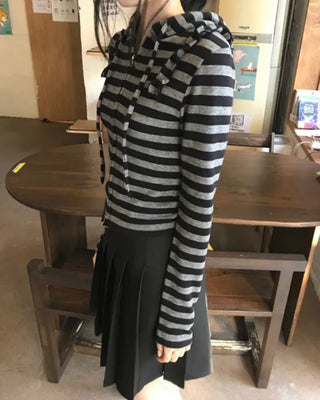 CROP STRIPE HOOD ZIP-UP (3color)